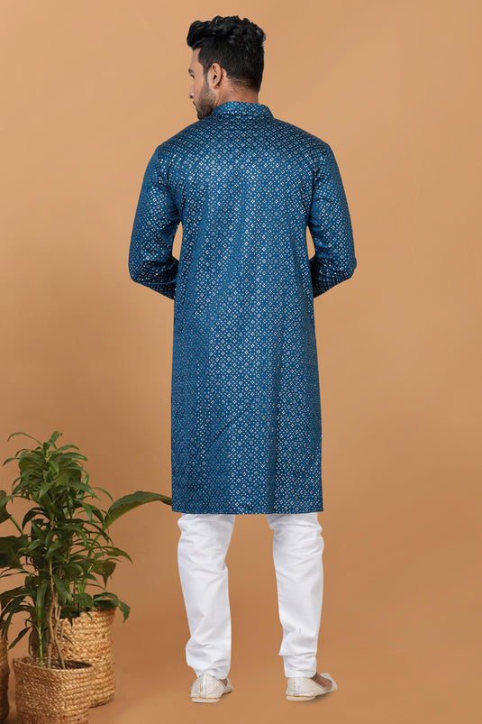 Sequins Embroidery Pretty Gajji Silk Fabric Readymade Men Kurta Pyjama In Blue Color