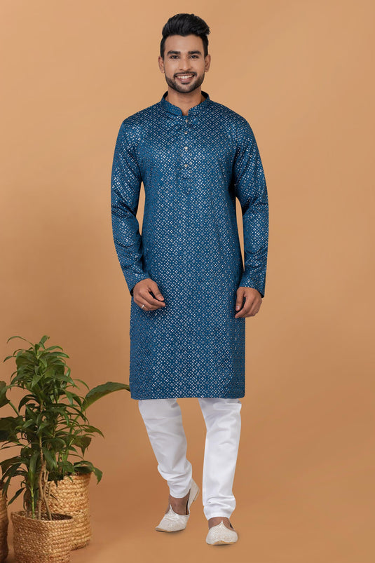 Sequins Embroidery Pretty Gajji Silk Fabric Readymade Men Kurta Pyjama In Blue Color