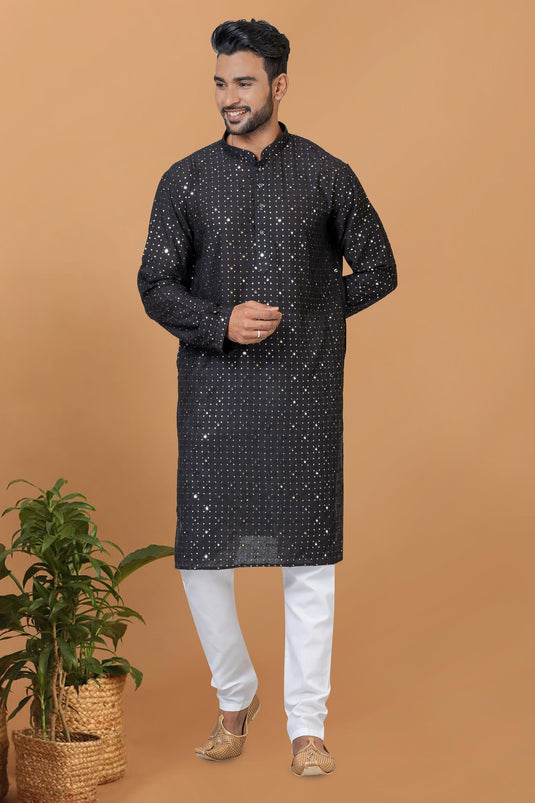 Beautiful Sequins Embroidery Black Color Readymade Kurta Pyjama For Men In Cotton Fabric