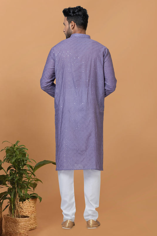Attractive Sequins Embroidery Readymade Men Kurta Pyjama In Purple Color