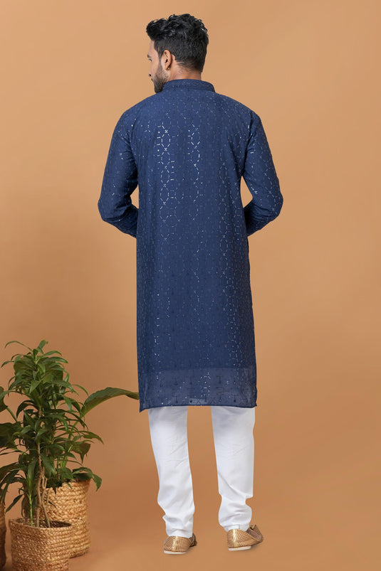 Cotton Sequins Embroidery Navy Blue Magnificent Readymade Men Kurta Pyjama
