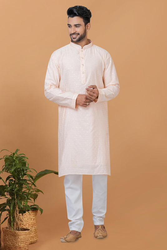 Sequins Embroidery Readymade Kurta Pyjama For Men In Cotton Peach Color