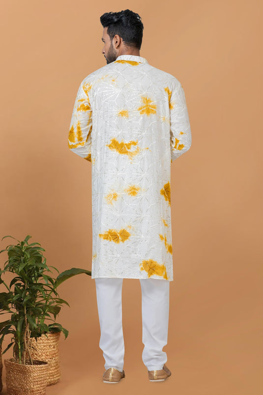 White Color Chanderi Fabric Readymade Kurta Pyjama For Men