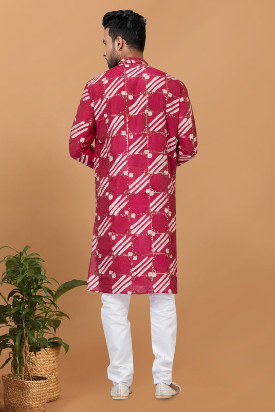 Chanderi Fabric Rani Color Readymade Men Stylish Kurta Pyjama