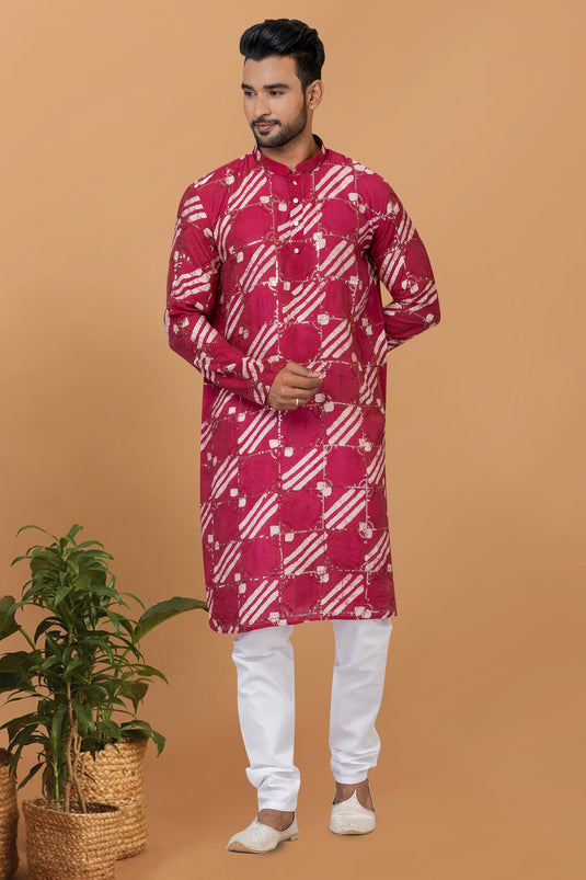 Chanderi Fabric Rani Color Readymade Men Stylish Kurta Pyjama