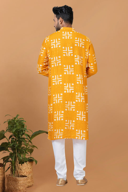 Yellow Chanderi Fabric Trendy Readymade Kurta Pyjama For Men