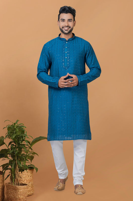 Teal Color Readymade Lovely Kurta Pyjama For Men