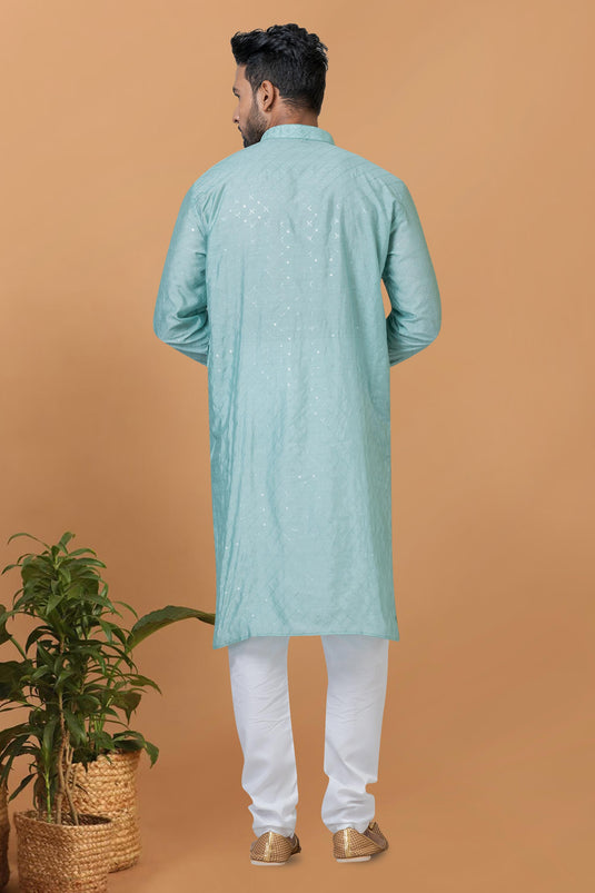 Light Cyan Cotton Graceful Readymade Men Kurta Pyjama