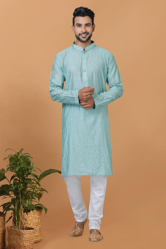 Light Cyan Cotton Graceful Readymade Men Kurta Pyjama