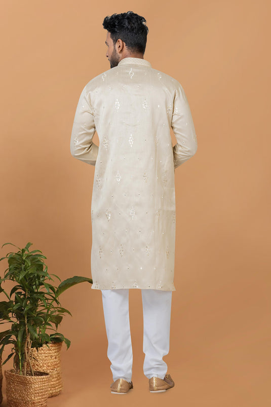 Art Silk Fabric Readymade Beige Color Kurta Pyjama For Men