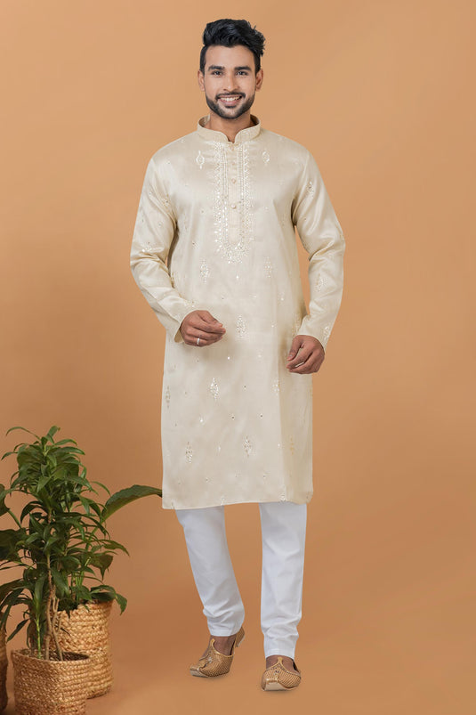 Art Silk Fabric Readymade Beige Color Kurta Pyjama For Men