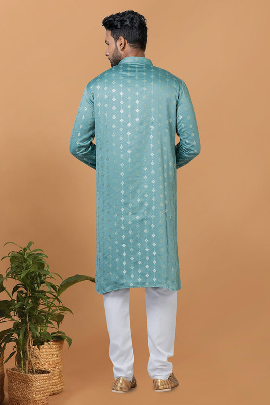 Art Silk Cyan Color Readymade Kurta Pyjama For Men