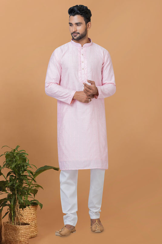 Pink Color Cotton Fabric Fancy Readymade Kurta Pyjama For Men