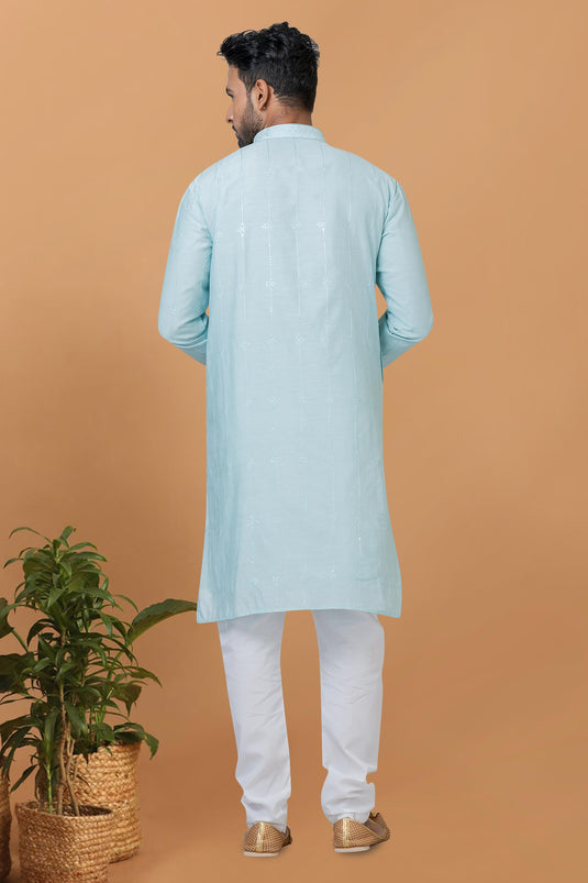 Appealing Sky Blue Color Cotton Fabric Readymade Kurta Pyjama For Men