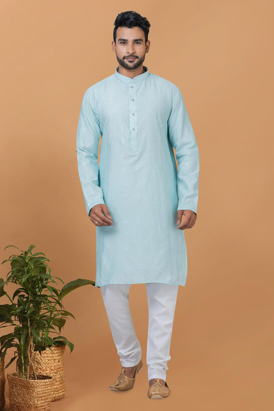 Appealing Sky Blue Color Cotton Fabric Readymade Kurta Pyjama For Men