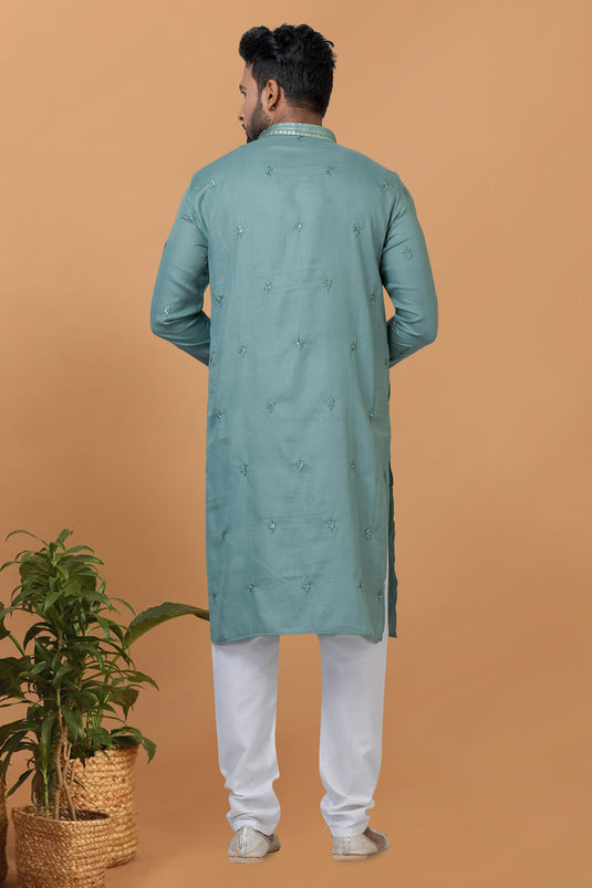 Cyan Color Pretty Readymade Kurta Pyjama For Men In Cotton Fabric