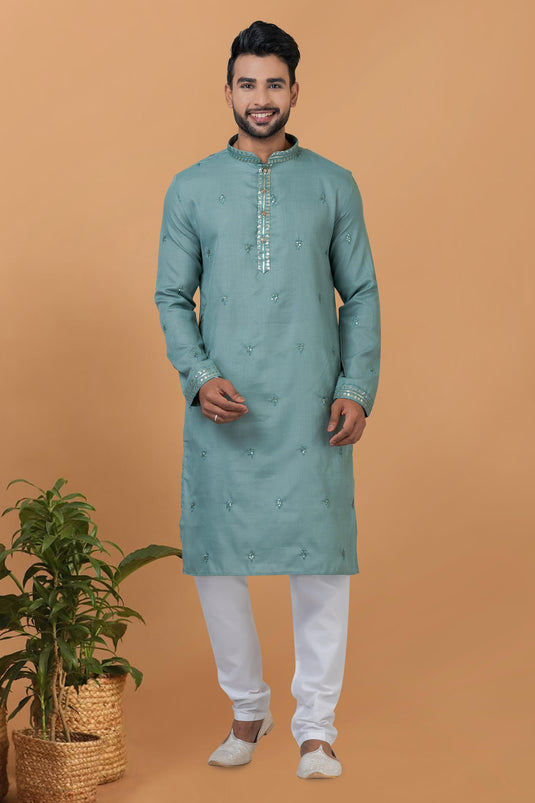 Cyan Color Pretty Readymade Kurta Pyjama For Men In Cotton Fabric