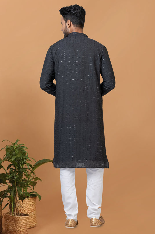 Black Cotton Fabric Sequins Embroidery Sangeet Wear Trendy Readymade Kurta Pyjama For Men