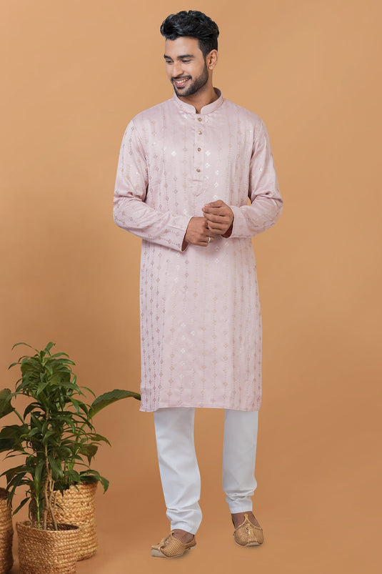 Gajji Silk Pink Color Wedding Wear Sequins Embroidery Readymade Designer Men Kurta Pyjama