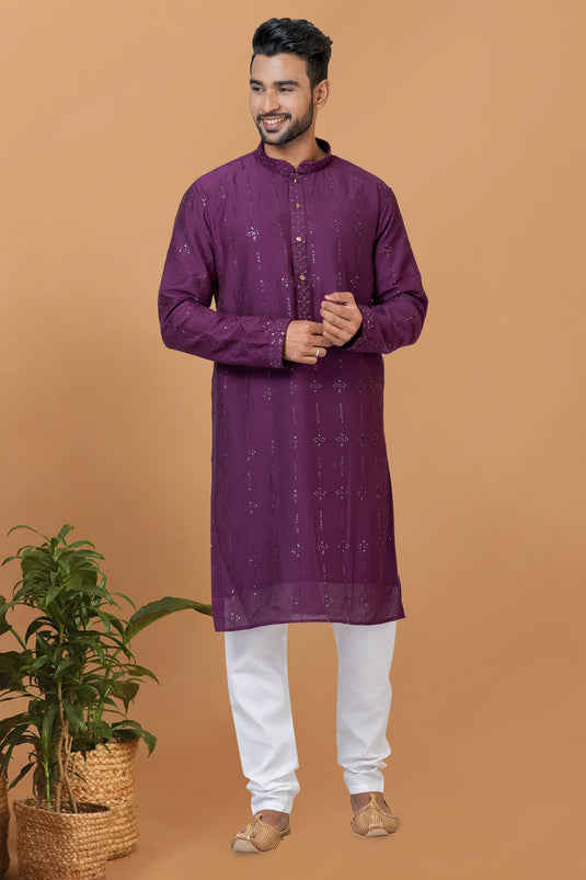 Sequins Embroidery Gorgeous Cotton Fabric Reception Wear Readymade Kurta Pyjama For Men