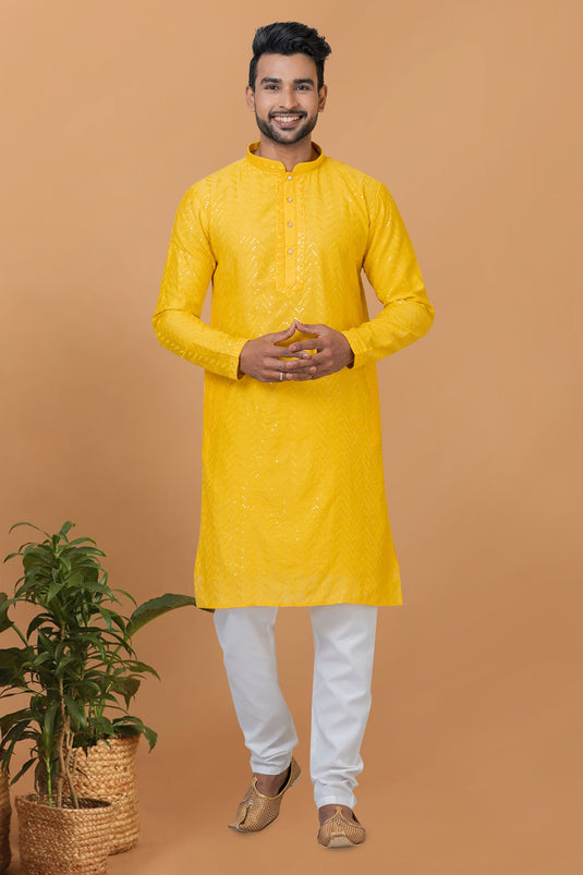 Sequins Embroidery Pretty Cotton Fabric Sangeet Wear Readymade Men Kurta Pyjama In Yellow Color