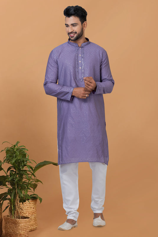 Function Wear Readymade Glamorous Sequins Embroidery Kurta Pyjama For Men In Cotton Fabric