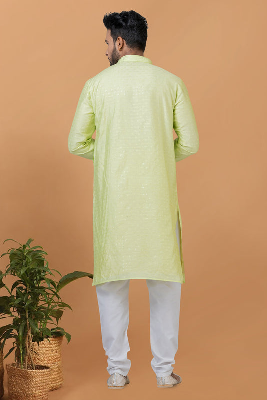 Sequins Embroidery Green Cotton Graceful Readymade Men Kurta Pyjama For Festive Wear