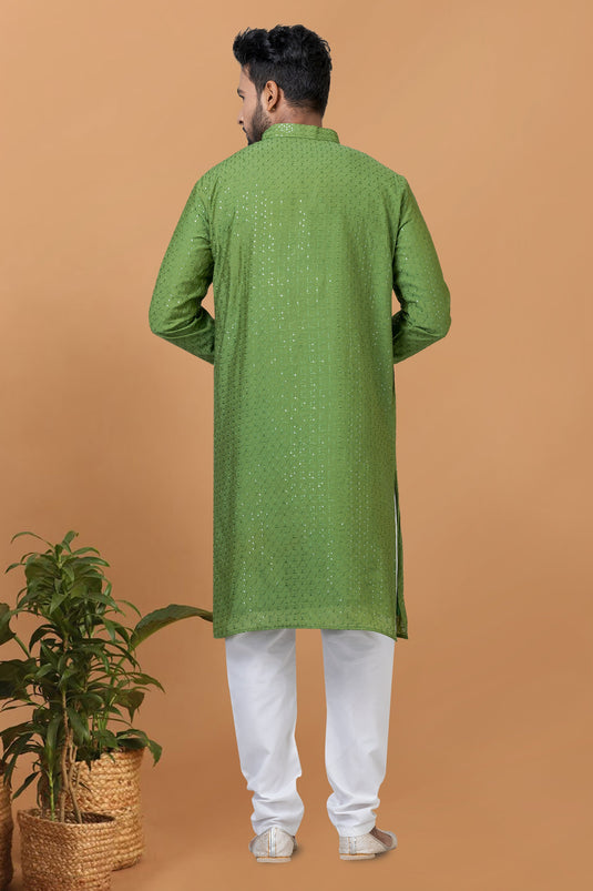 Cotton Fabric Sequins Embroidery Function Wear Readymade Green Color Kurta Pyjama For Men