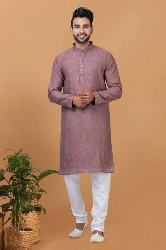 Festive Wear Sequins Embroidery Readymade Kurta Pyjama For Men In Pink Cotton Fabric