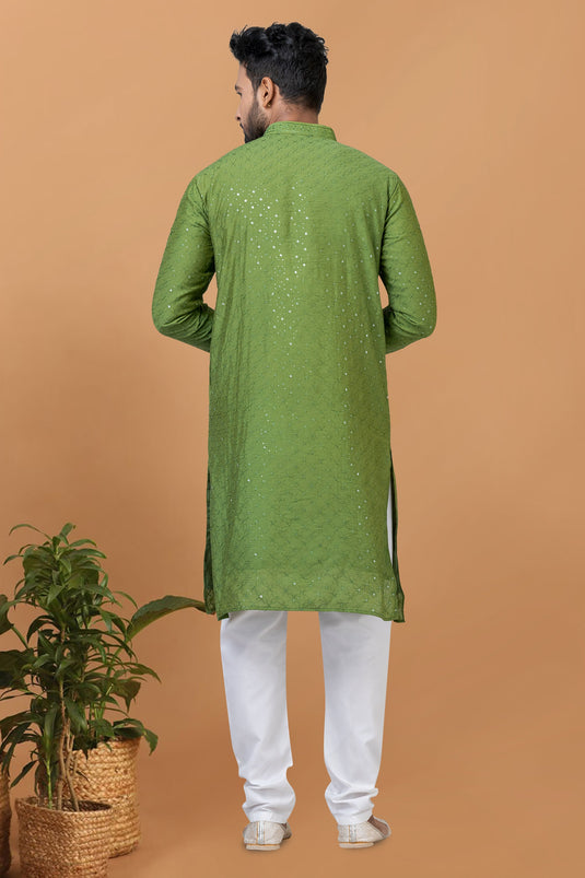 Green Color Sequins Embroidery Cotton Fabric Function Wear Fancy Readymade Kurta Pyjama For Men