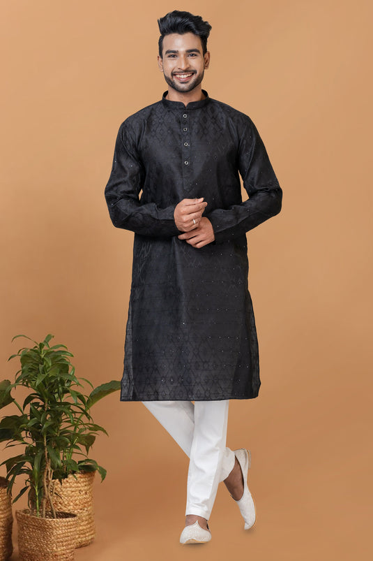 Black Color Art Silk Fabric Readymade Kurta Pyjama For Men