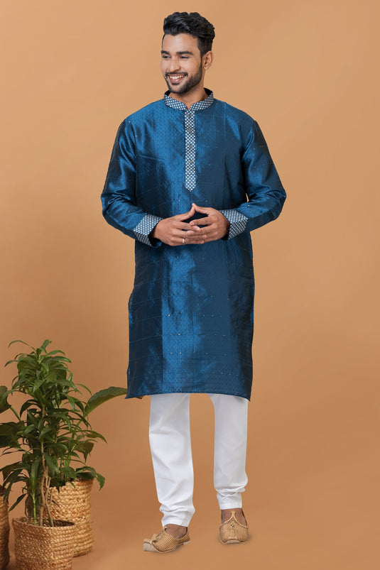 Art Silk Teal Magnificent Readymade Men Kurta Pyjama