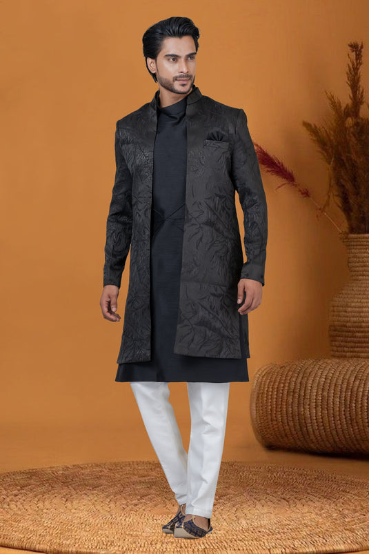 Jacquard Silk Jacquard Work Black Magnificent Readymade Men Indo Western For Sangeet Wear