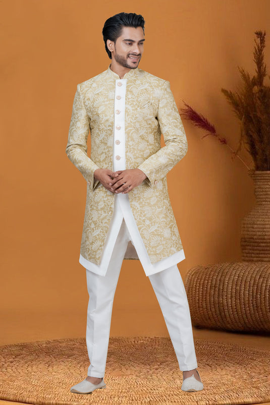 Golden Color Jacquard Work Jacquard Silk Fabric Reception Wear Striking Readymade Indo Western For Men