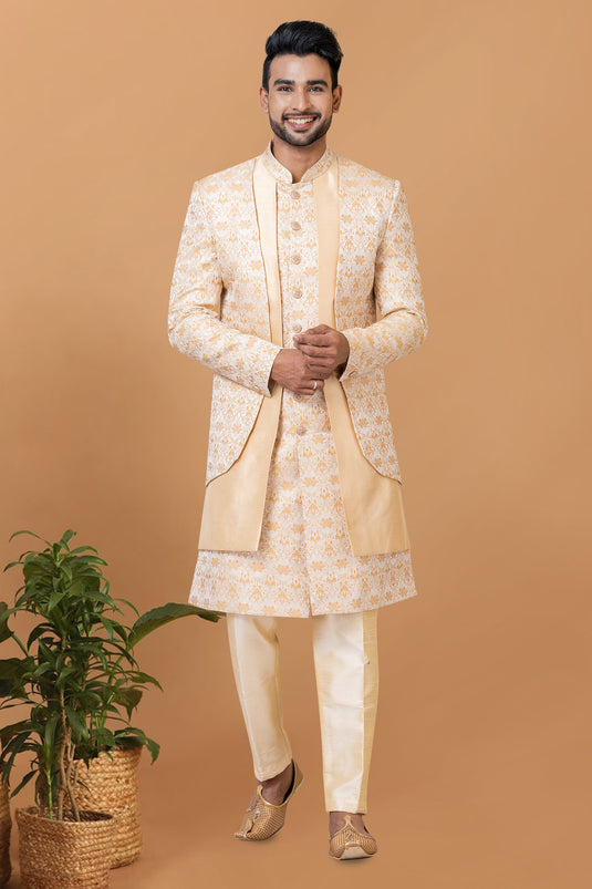 Lovely Cream Color Jacquard Silk Sangeet Wear Jacquard Work Readymade Indo Western For Men