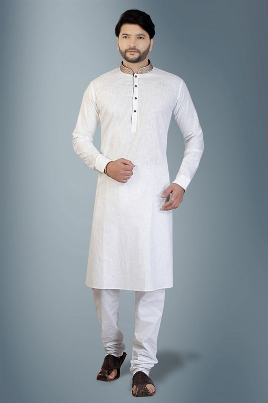 White Color Cotton Fabric Festive Wear Readymade Kurta For Men