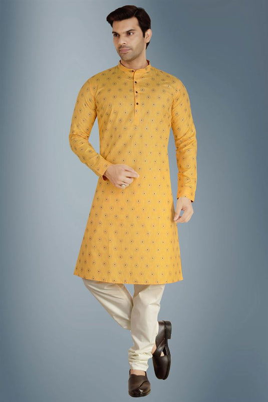 Function Wear Linen Fabric Yellow Color Ethnic Style Kurta Pyjama