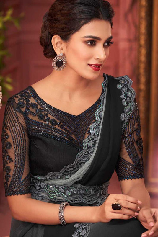 Party Look Soothing Chiffon Fabric Saree In Black Color