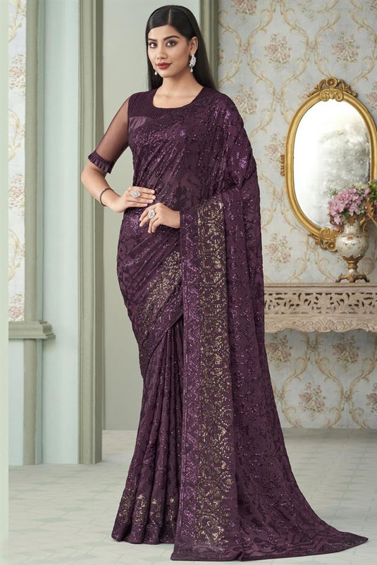 Georgette Fabric Sequins Work Brilliant Saree In Wine Color