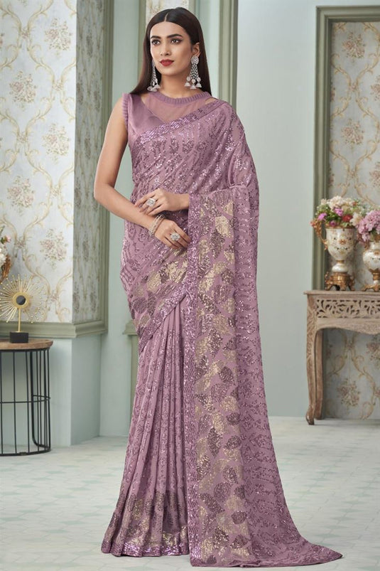 Georgette Fabric Peach Color Sequins Work Soothing Saree