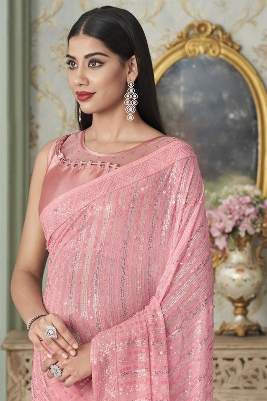 Pink Color Sequins Work Georgette Fabric Vintage Saree