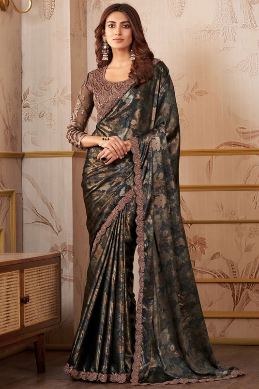 Grey Color Georgette Fashionable Lace Work Saree With Heavy Embroidered Blouse