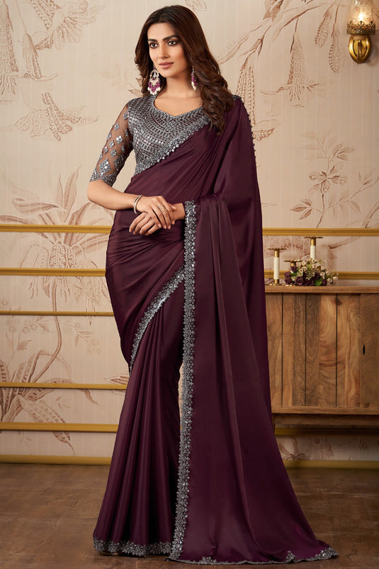 Engaging Wine Color Satin Lace Work Saree With Heavy Embroidered Blouse