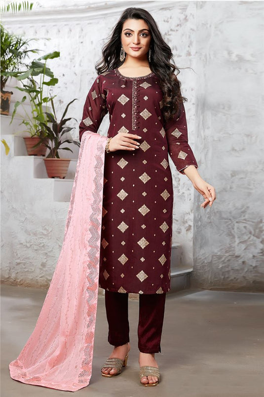 Maroon Color Parity Art Silk Function Wear Salwar Suit