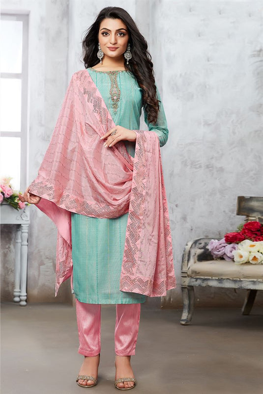 Light Cyan Color Tempting Art Silk Function Wear Salwar Suit