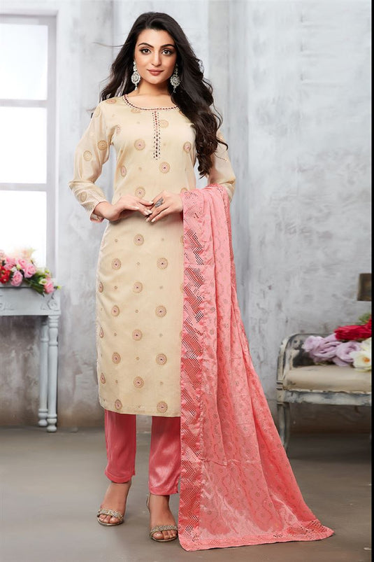 Fancy Art Silk Function Wear Salwar Suit In Beige Color