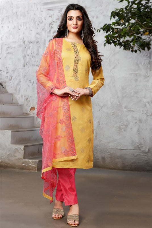 Yellow Color Creative Art Silk Function Wear Salwar Suit