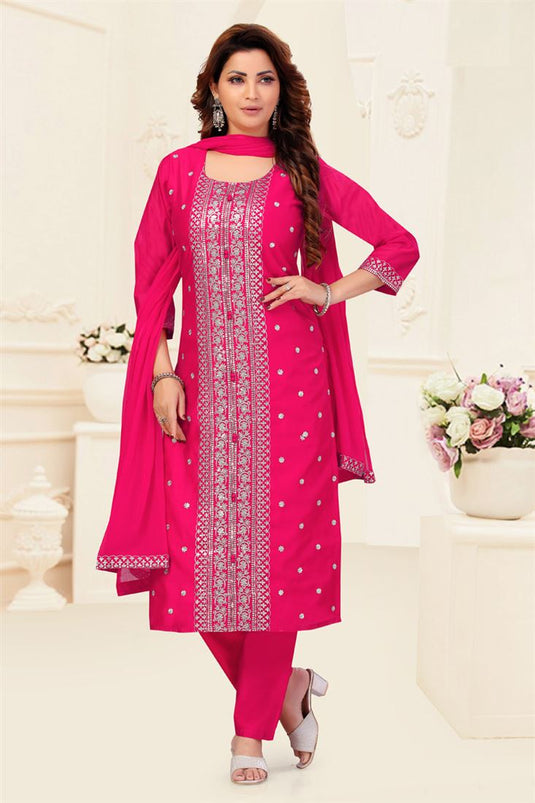 Beguiling Chanderi Fabric Festive Look Salwar Suit in Rani Color