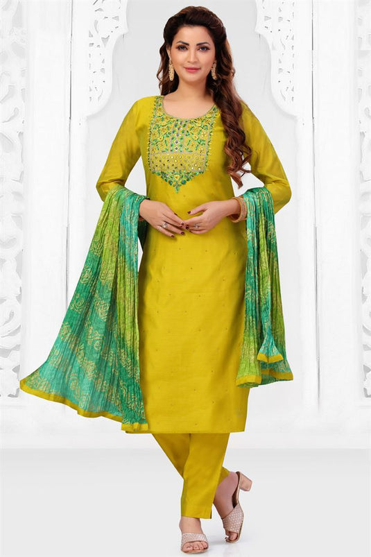 Mustard Color Creative Chanderi Fabric Festive Look Salwar Suit