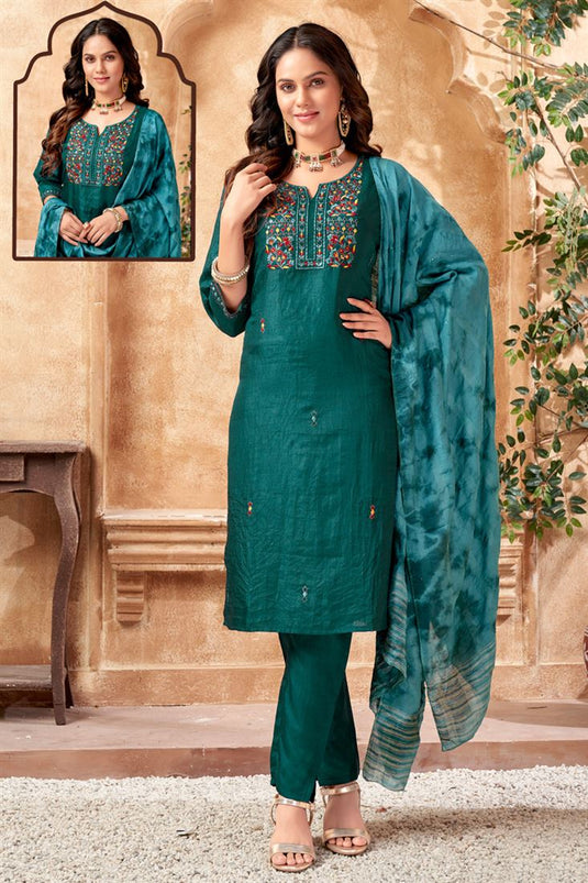 Dazzling Dark Green Color Chanderi Fabric Festive Look Salwar Suit